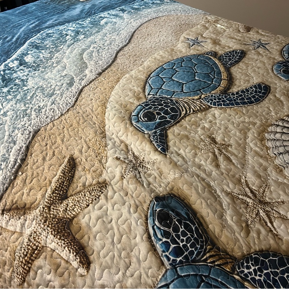 Sea Turtle Quilted Bedspread in Blue and Tan - Picture 10 of 14